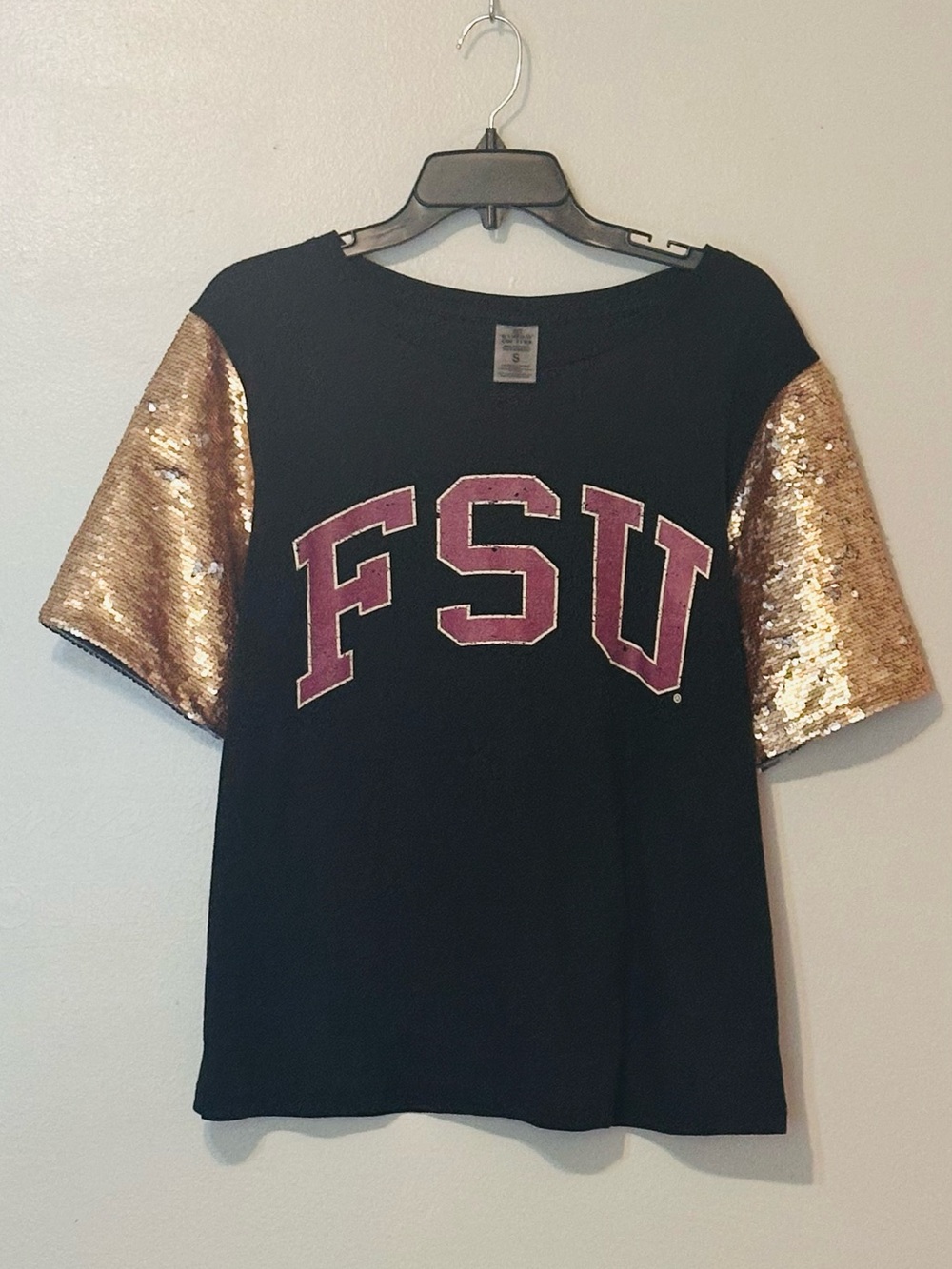 FSU Black Tee with Gold Sequin Sleeves - Women's Top
